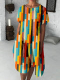 Retro Color Block Abstract Art Linen Blend Midi Dress elevenforest
