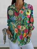 Women's  Vintage Flower Print Casual Linen V-neck Shirt