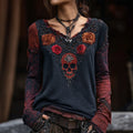 Vintage Rose Skull Hot Diamond Contrast Color V-neck T-shirt elevenforest