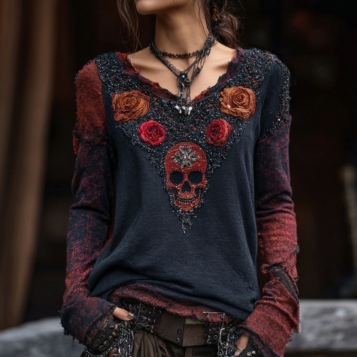 Vintage Rose Skull Hot Diamond Contrast Color V-neck T-shirt elevenforest