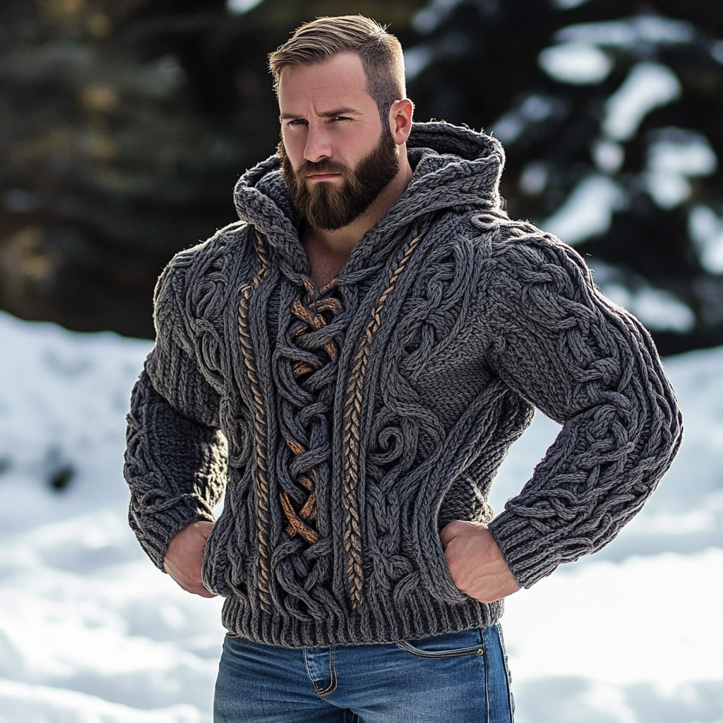 Retro Viking Celtic Mythology Jacquard Chunky Hooded Sweater elevenforest