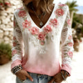 Women's Pink Rose Embroidery Art V Neck Long Sleeve Linen Blend T-shirt elevenforest