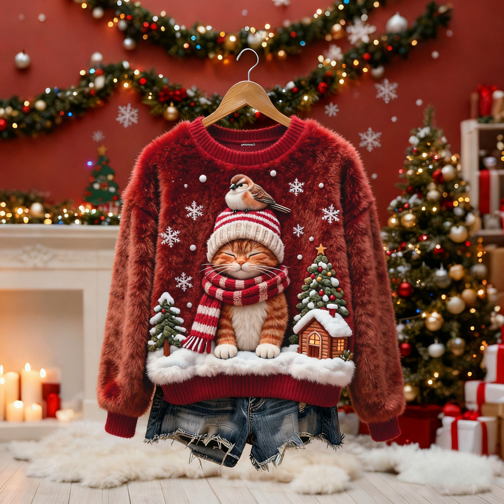 Women's Christmas Cat-themed Plush Sweater elevenforest