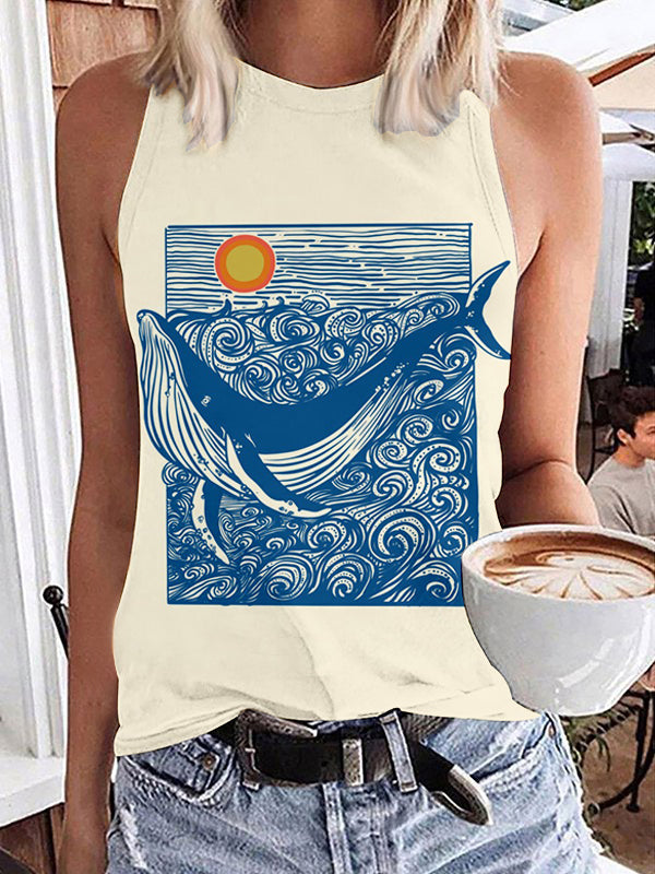 Whale Ocean Doodle Art Crew Neck Casual Tank Top elevenforest