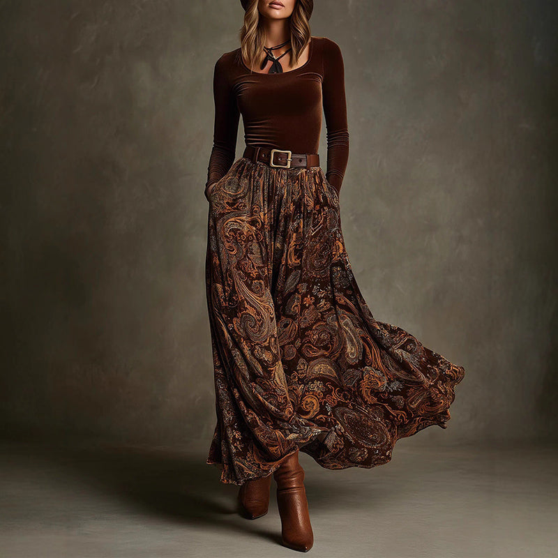 Comstylish Vintage Printed Velvet Belted Maxi Dress