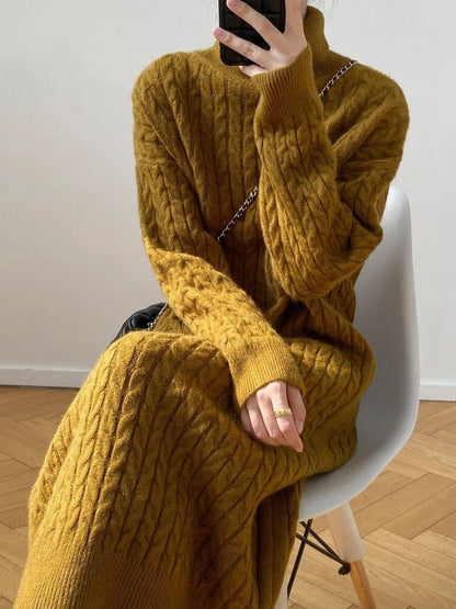 Taruxy Knitted Long Dress Loose Long Sleeve Turtleneck Pullover Femme Retro Warm Sweater Knitwear Cover Up