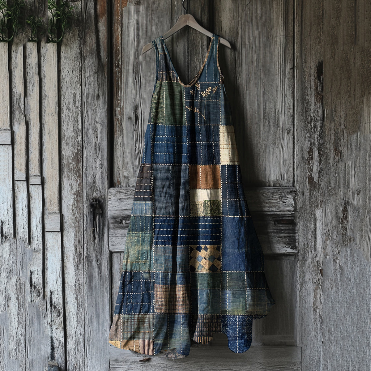 Women's Vintage Geometric Patchwork Art Linen Vest Dress elevenforest