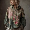 Vintage Pink Roses Colorblock Lace Patchwork Hoodie elevenforest