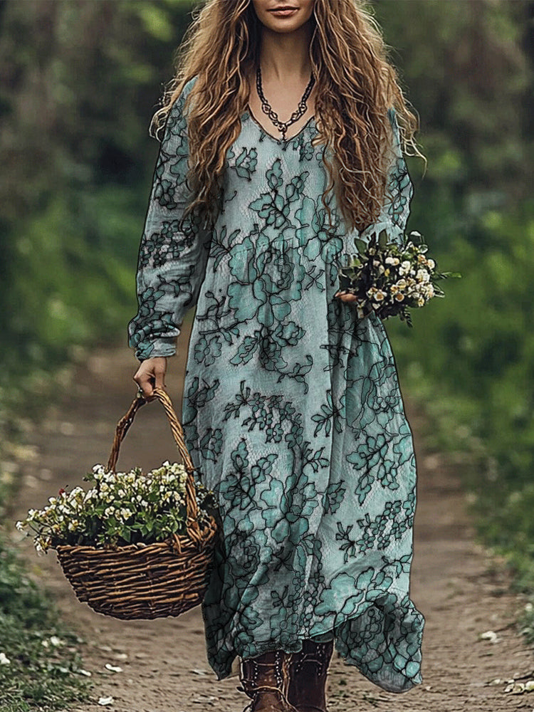 Vintage Turquoise Floral Lace Flowy Maxi Dress elevenforest