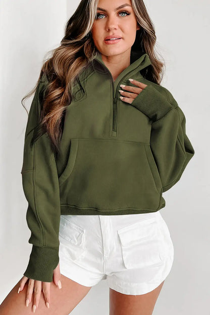 Moss Green Quarter Zip Kangaroo Pocket Sweatshirt
