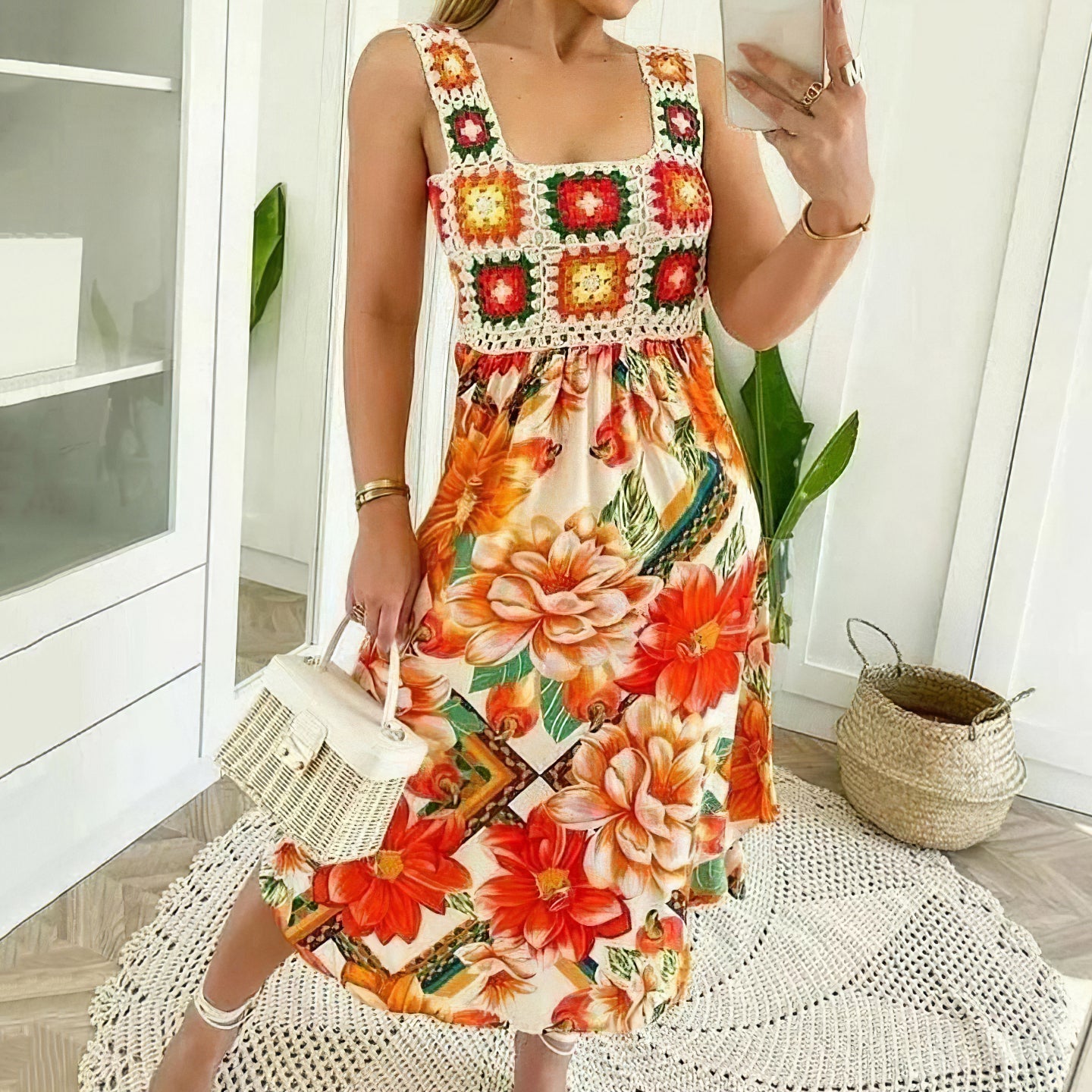 Resort Crochet Floral Print Maxi Dress elevenforest