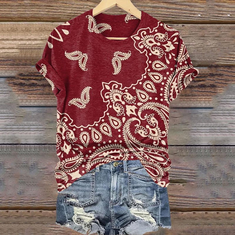 Comstylish Western Floral Print Crew Neck Short Sleeved T-shirt