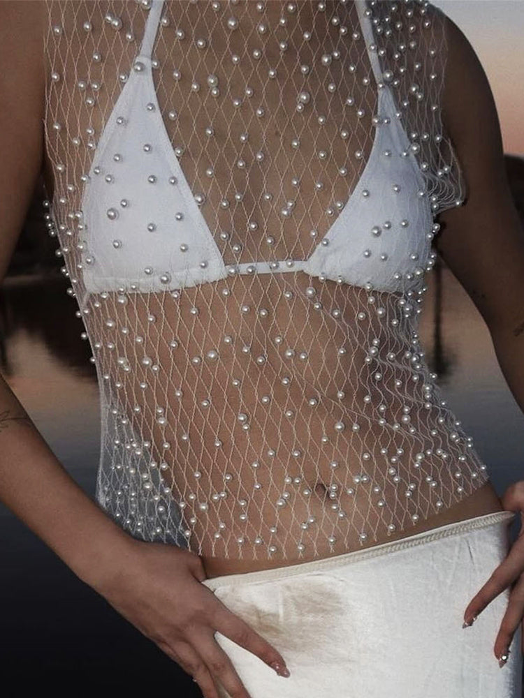 Tossy Pearl Mesh See-through Tank Top Sleeveless Round Neck Losse Summer Short T-shirt Female Y2k Vest
