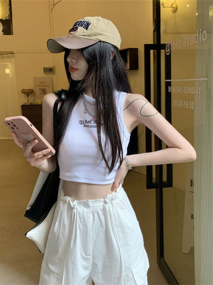 Summer Ribbed Top Letter Vest Female Y2k Crop Top Sleeveless T-shirt Short Sport Tops Korean Tank Top