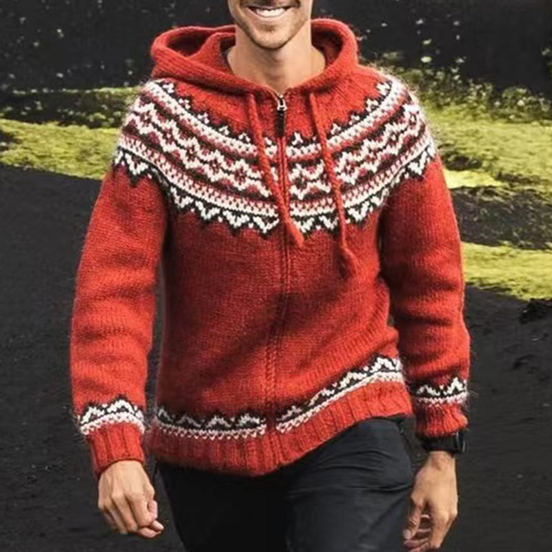 Graphics Red Iceland Jacquard Zipper Up Hooded Sweater elevenforest