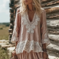 Bohemian Vintage Lace Patchwork Cotton And Linen V-neck Top elevenforest
