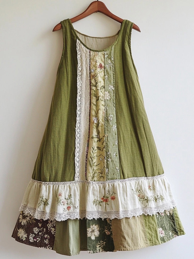 Floral Pattern Lace Patchwork Linen Blend Dress elevenforest