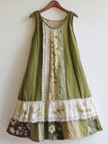 Floral Pattern Lace Patchwork Linen Blend Dress elevenforest