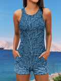 Vintage Floral Print Halter Ruffle Ruched Jacquard Tankini Short Set