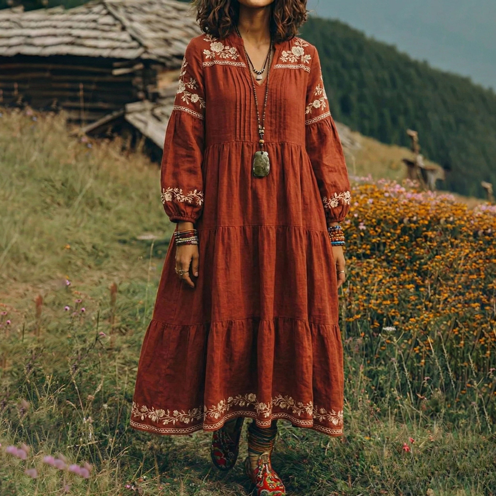 Women's Vintage Floral Art Linen Maxi Dress elevenforest