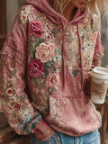 Vintage Pink Roses Embroidered Washed Hoodie elevenforest