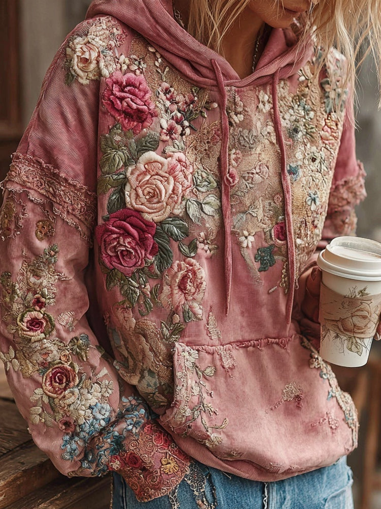 Vintage Pink Roses Embroidered Washed Hoodie elevenforest