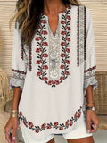 Comstylish Rose Ethnic Floral Embroidery Pattern Women's V-Neck Shirt