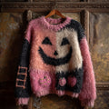 Women's Vintage Halloween Pink Ghost Face Knit Sweater elevenforest