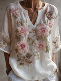 Bohemian Style V-neck Butterfly And Flower Embroidery Cotton And Linen Top elevenforest