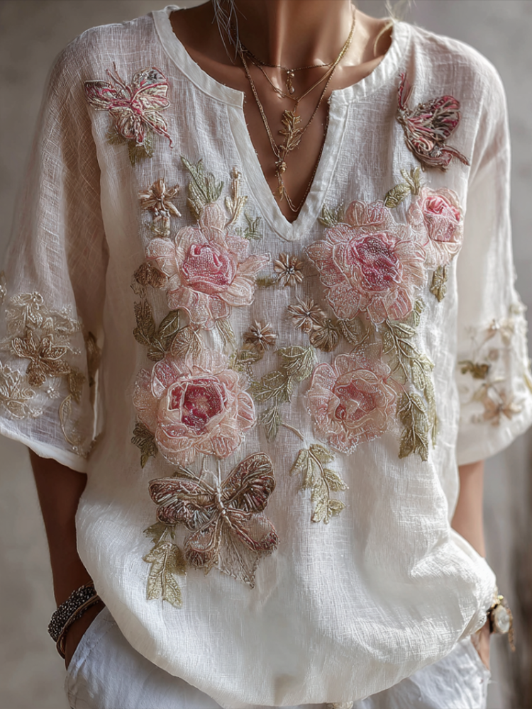 Bohemian Style V-neck Butterfly And Flower Embroidery Cotton And Linen Top elevenforest