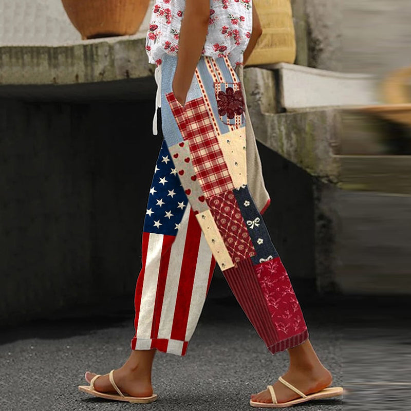Women's Vintage Floral Independence Day Print Linen Blend Casual Pants elevenforest