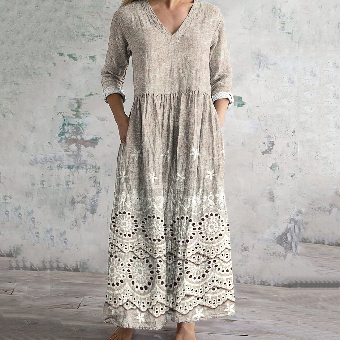 Vintage Floral Embroidered Lace Art Women's Linen Dress elevenforest