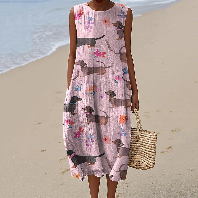 Retro Sausage Dog Cute Dachshund Art Linen Tank Midi Dress elevenforest