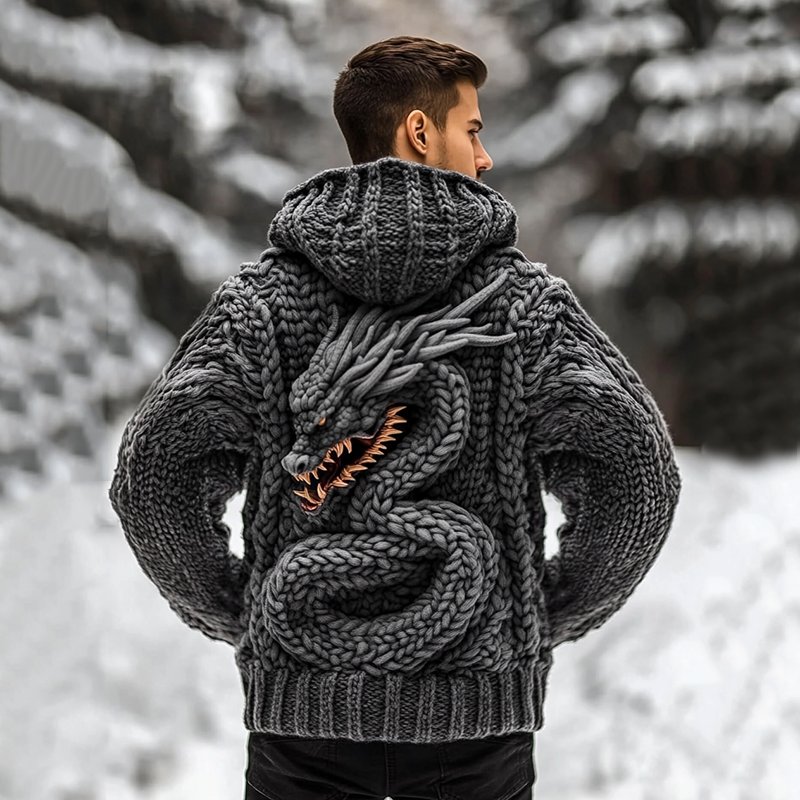 Men's Viking Tribal Dragon Jacquard Celtic Inspired Cozy Hooded Sweater elevenforest