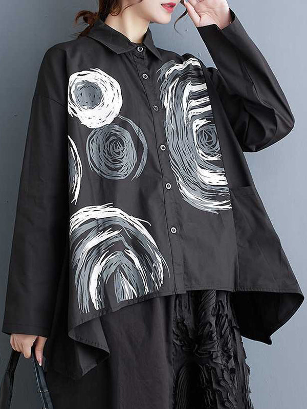 Long Sleeves Loose Asymmetric Printed Split-joint Lapel Blouses