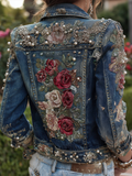 Bohemian Style Rose Embroidery Women's Retro Casual Denim Jacket elevenforest