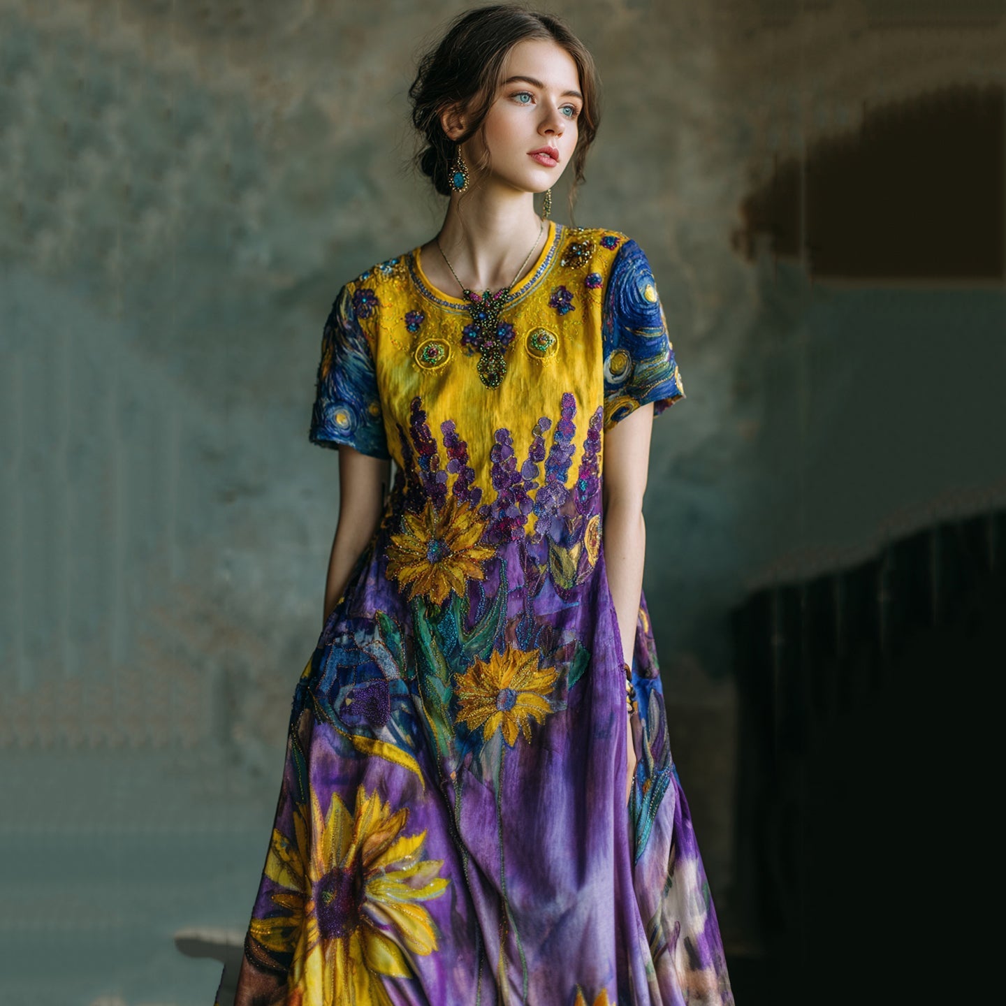 Lavender Starry Sky Oil Painting Print Linen Maxi Dress elevenforest