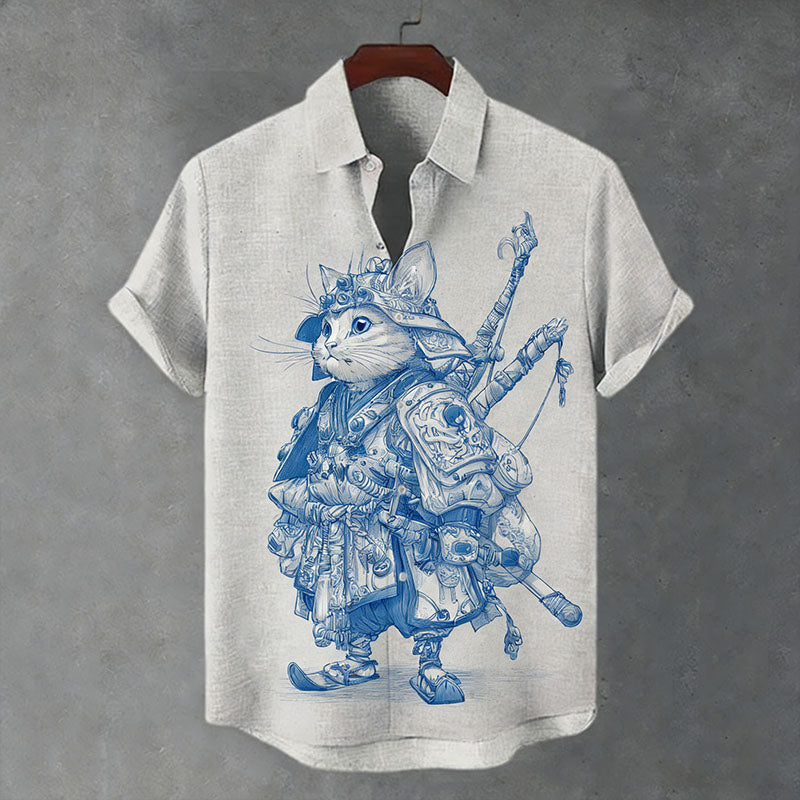 Men's Japanese-style Artistic Cat Print Short-sleeved Shirt elevenforest