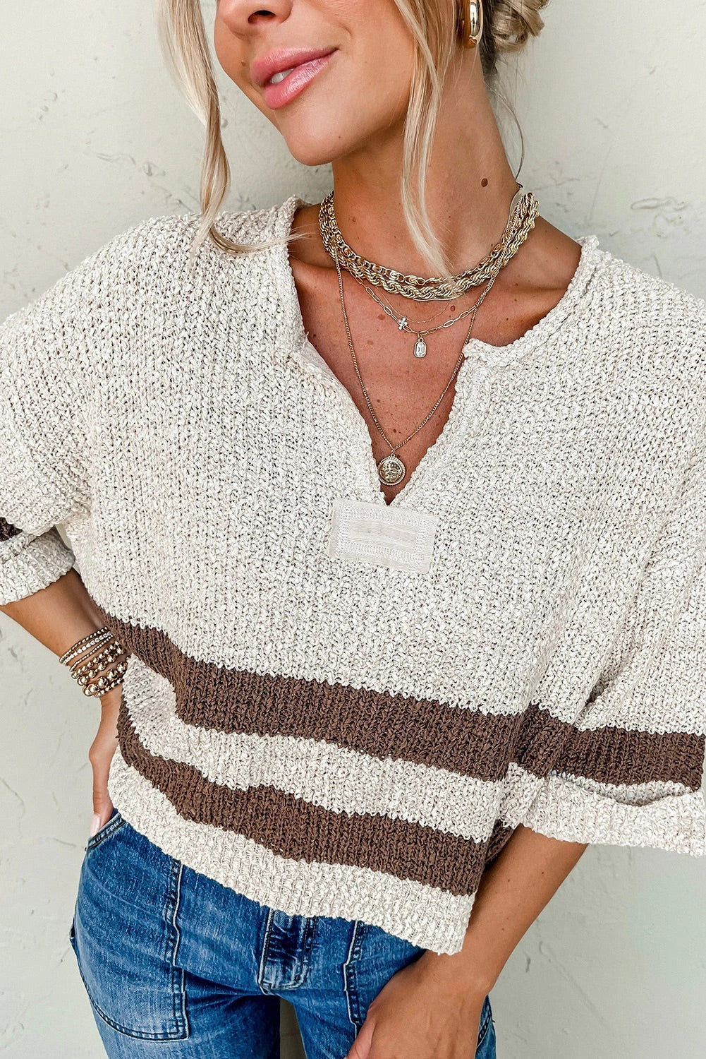 Jocelyn® | Brown striped, cropped sweater with low set sleeves