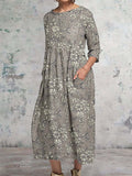 Women's Classic Floral Pattern Round Neck Cotton and Linen Top with Pockets
