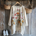 Retro Floral Embroidery Art Graphics Linen Blend Tunic elevenforest