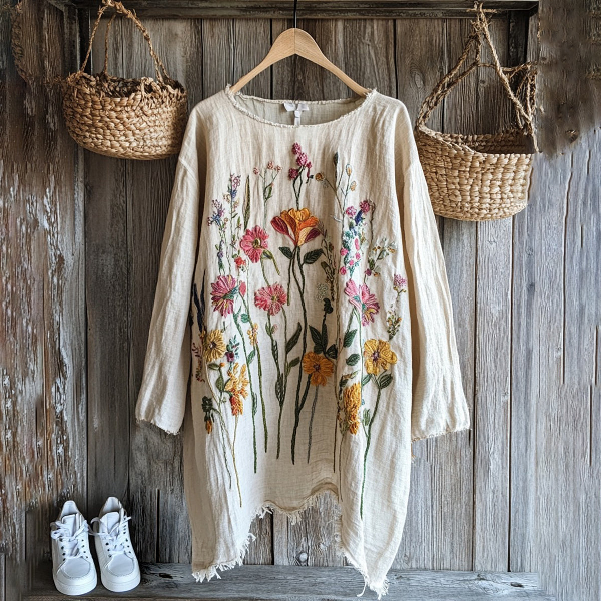 Retro Floral Embroidery Art Graphics Linen Blend Tunic elevenforest