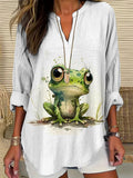 Women's Casual Watercolor Frog Cotton Blend Print T-shirt elevenforest