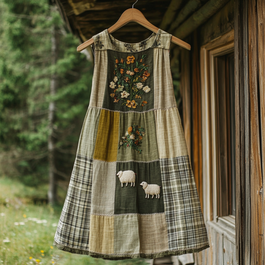 Women's Vintage Sheep In Plaid Print Sleeveless Dress elevenforest