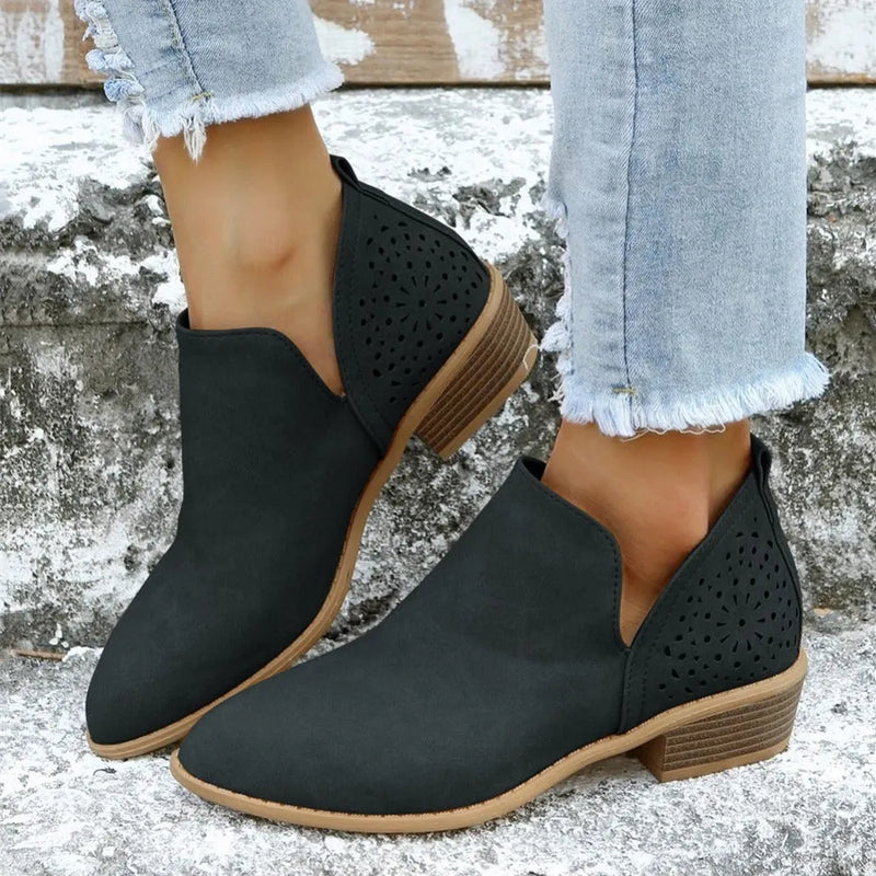 Ankle V Cut Short Boots, Hollow Out Chunky Heel Pointed Toe Shoes, Footwear Se1033