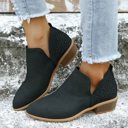 Ankle V Cut Short Boots, Hollow Out Chunky Heel Pointed Toe Shoes, Footwear Se1033