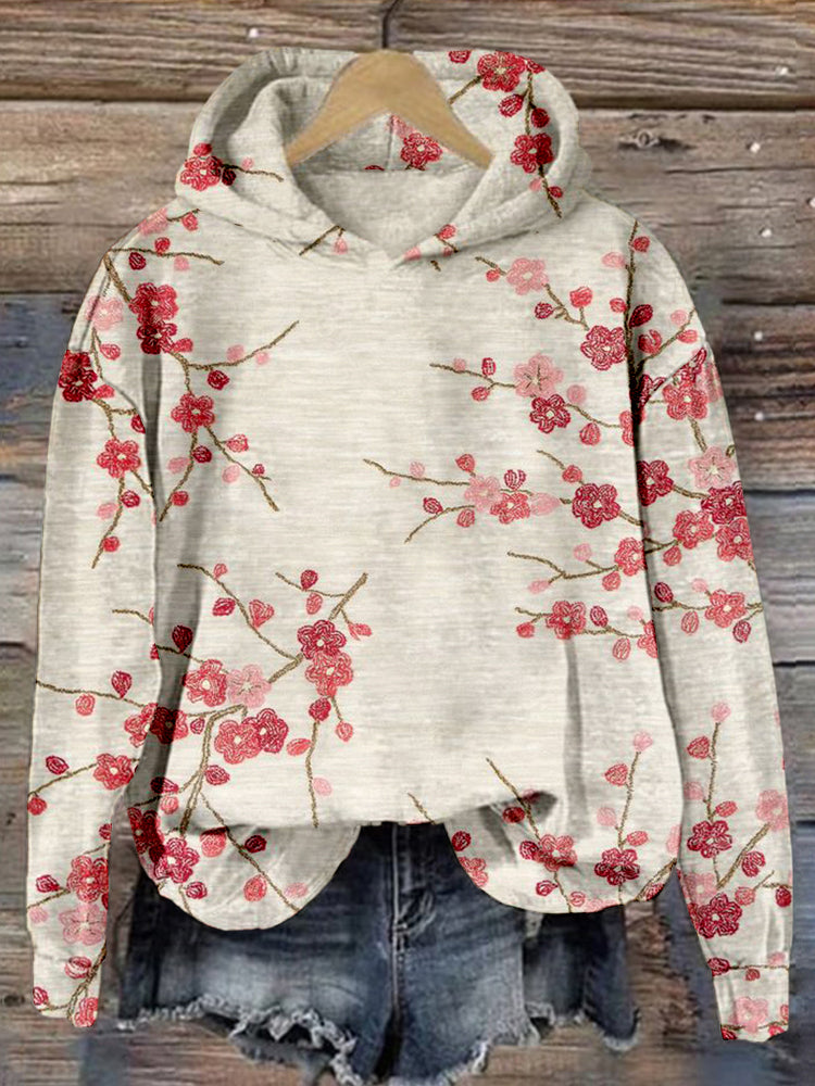 Plum Blossom Embroidered Art Vintage Cozy Hoodie elevenforest