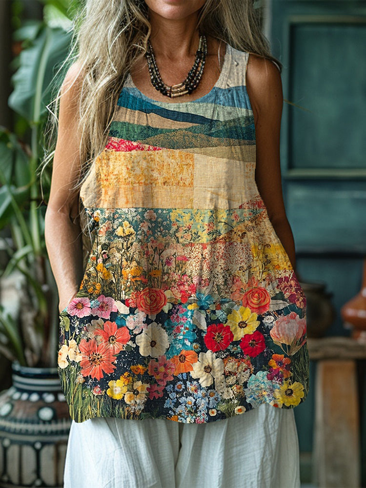 Vintage Boho Floral Patchwork Linen Tank Top elevenforest