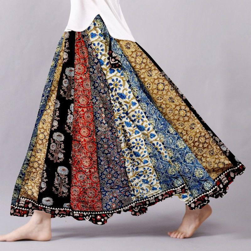 Boho Floral Patchwork Flowy Linen Blend Wide Skirt elevenforest