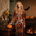 Vintage Halloween Skeleton Bones With Roses Flowy Velvet Maxi Dress elevenforest